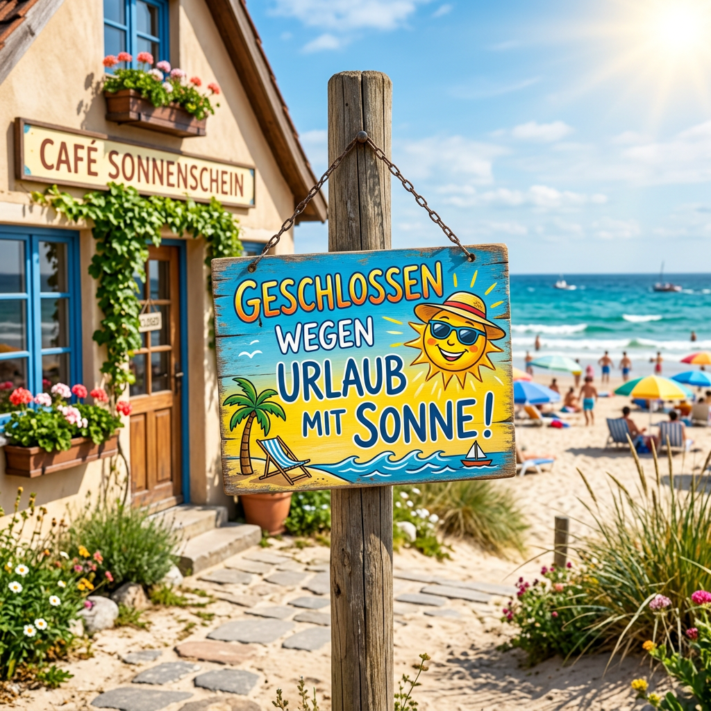 Sign reading 'Geschlossen wegen Urlaub mit Sonne' hanging in front of a beach café